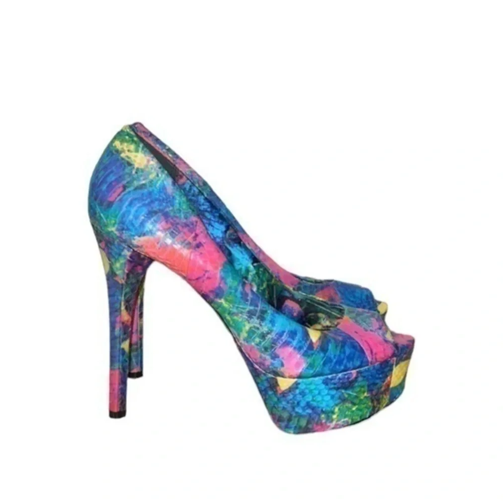 Brian Atwood Bambola Multicolored Snakeprint Peep‎ Toe Platform Heels Size 8.5